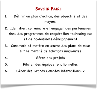Savoir Faire
Définir un plan d’action, des objectifs et des moyens
Identifier, convaincre et engager des partenaires dans des programmes de coopération technologique et de co-business développement
Concevoir et mettre en œuvre des plans de mise sur le marché de solutions innovantes
Gérer des projets 
Piloter des équipes fonctionnelles
Gérer des Grands Comptes internationaux
